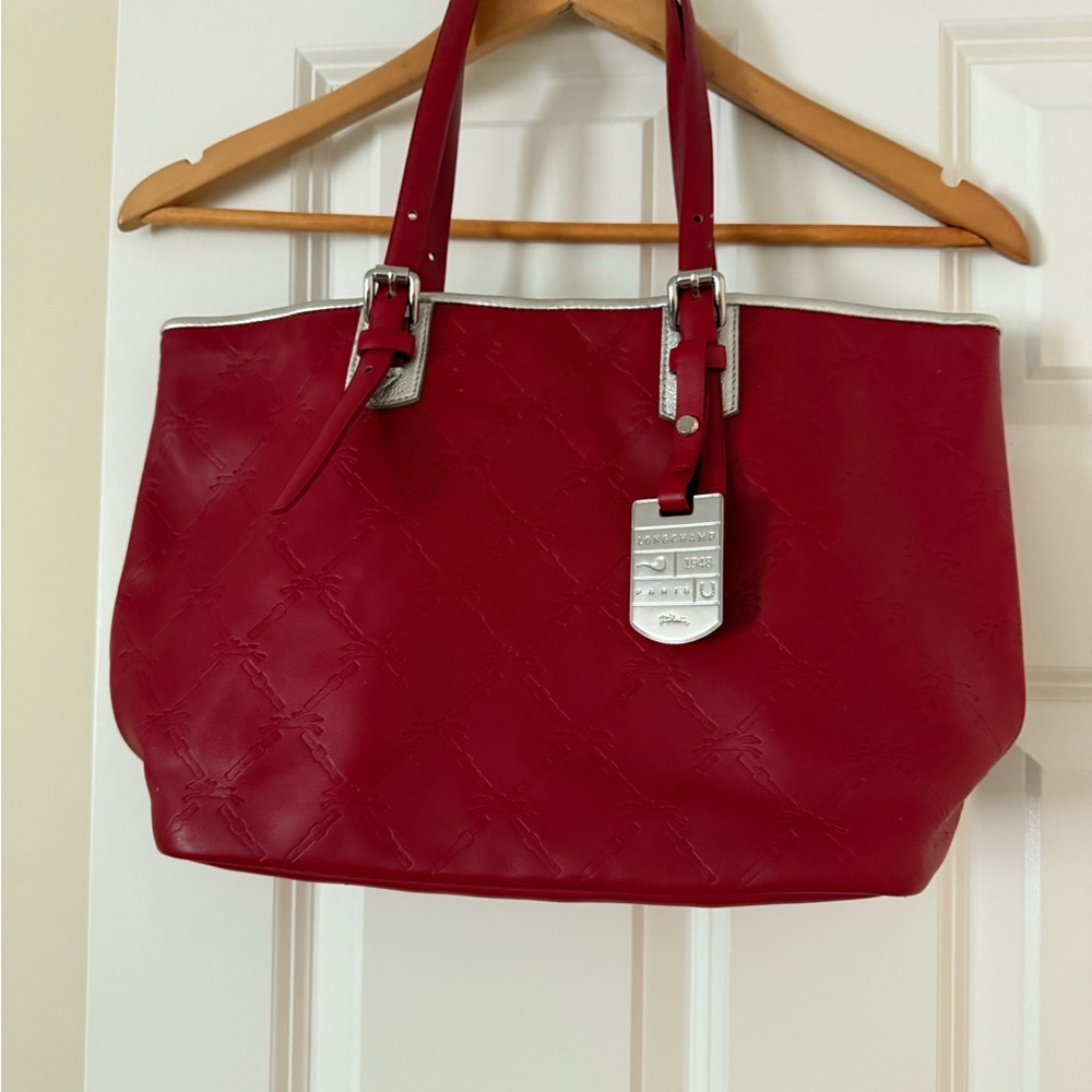 Longchamp Red/Silver Leather Tote Bag
